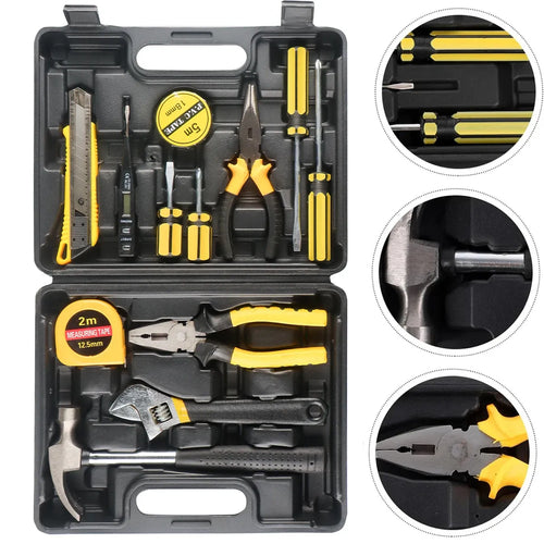 Black tool kit case open with yellow tools, pliers, screwdrivers, and a tape measure