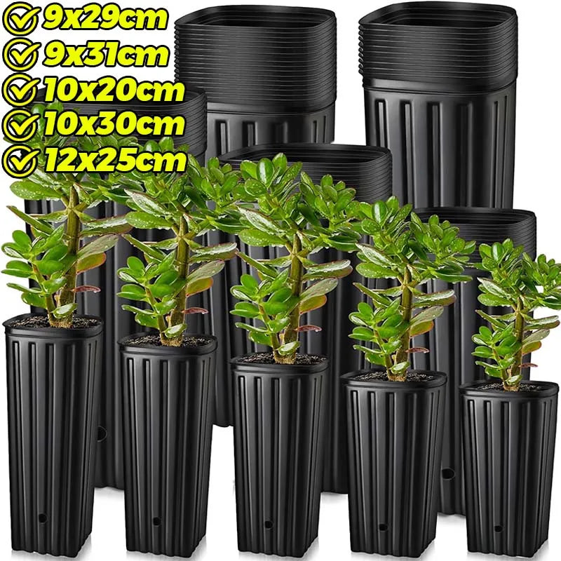 Plastic deep nursery pots, black ribbed seedling containers, set of multiple sizes
