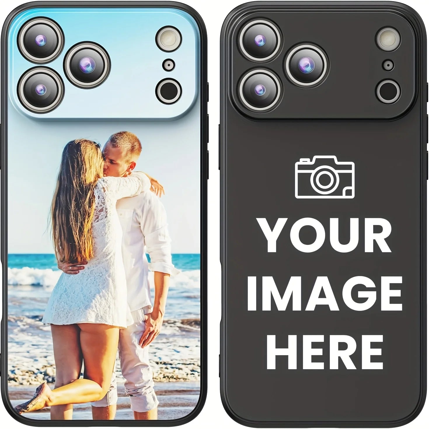 Customizable black smartphone case with camera-cutout, displaying a couple on the beach or placeholder text.