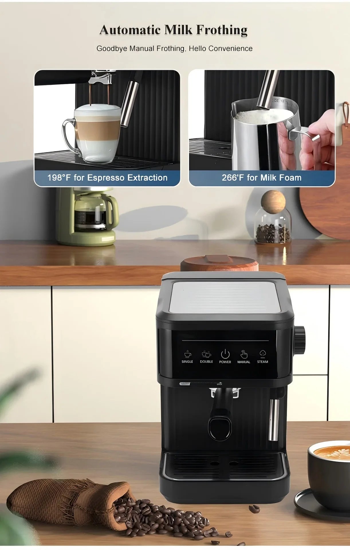 Black matte espresso machine with automatic milk frother, digital touch control panel, and coffee bean display.
