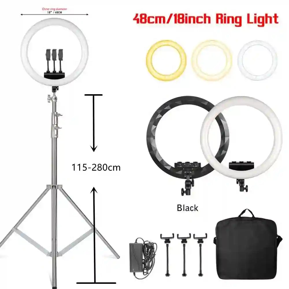 18-inch LED ring light with adjustable tripod stand, three phone holders, power adapter, and carrying bag.