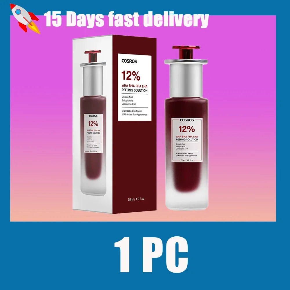 Cosros 12% exfoliating peeling solution in a frosted glass bottle with a maroon cap, shown next to its product box.