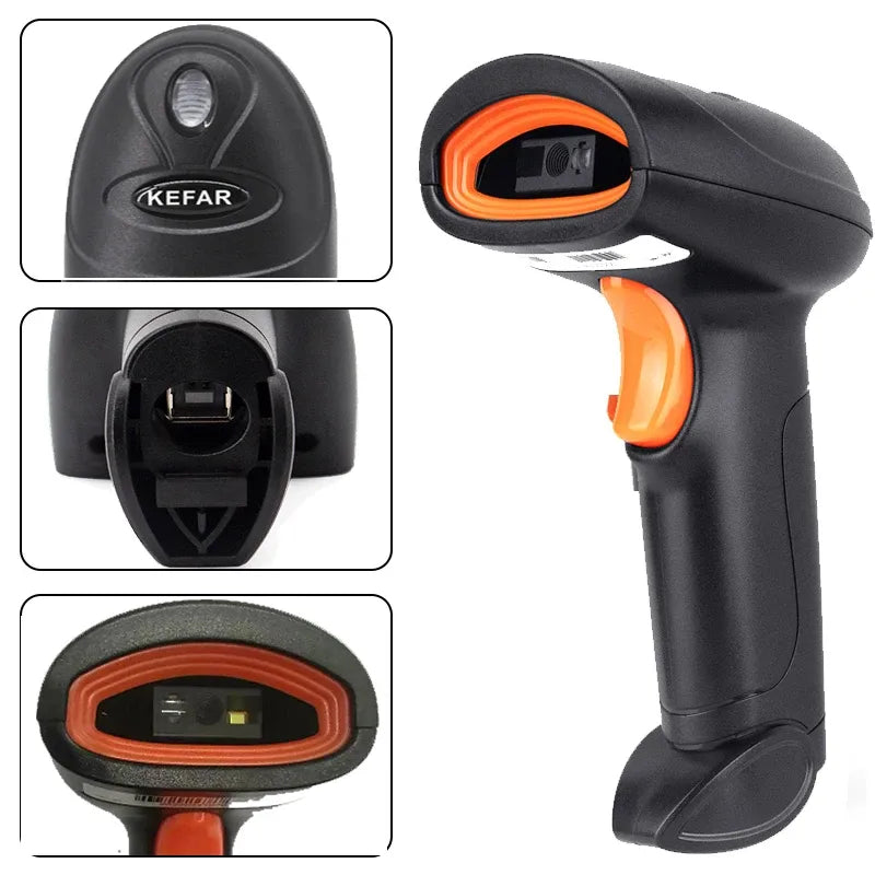 KEFAR H4W wireless handheld 2D scanner with orange scan window and base port details