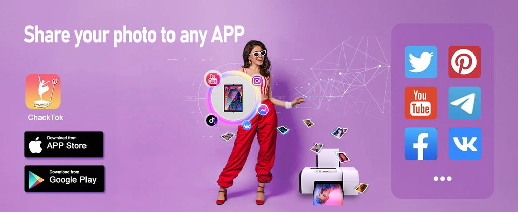 ChackTok app interface showing photo sharing capabilities to social media platforms via a printer on a purple
