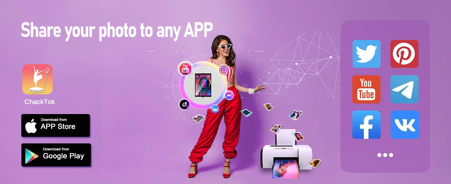 ChackTok app interface showing photo sharing capabilities to social media platforms via a printer on a purple