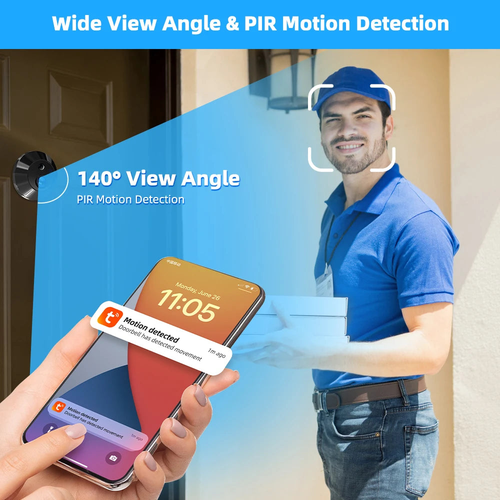 Battery Powered MINI Two Way Talk Tuya SmartLife APP 3MP Wide View 2.4G WiFi 940NM Infrared Digital Door Peephole Eye PIR Camera