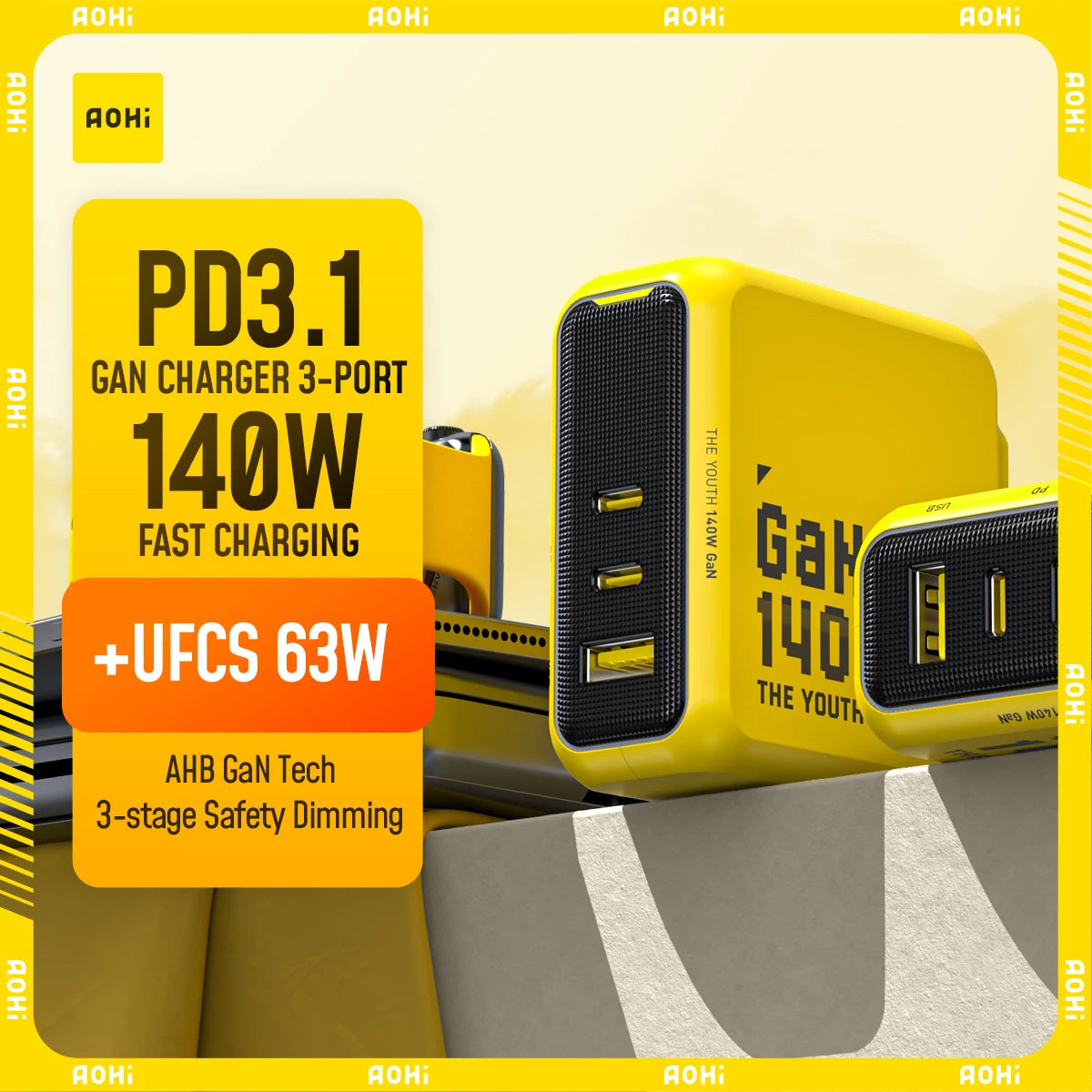 140W GaN USB-C Charger – 3-Port PD3.1 Fast Adapter for Multi-Device Yellow China Mainland Tidesmit