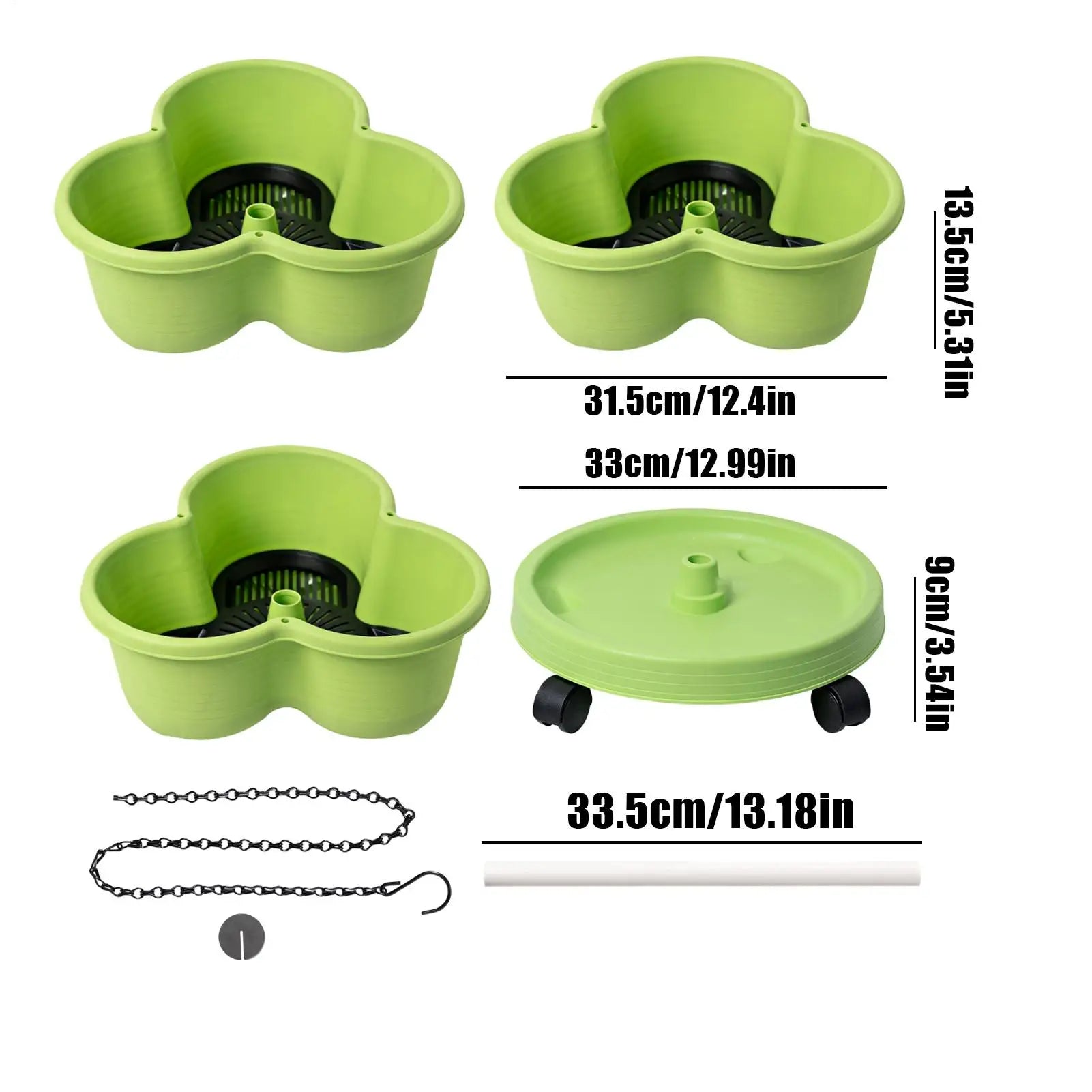 Stackable vertical garden planter pots set with wheels, light green color