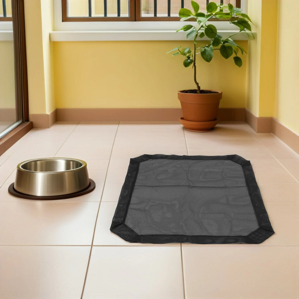 Breathable black mesh replacement cover for elevated pet beds, 108x72cm, washable and durable for indoor/outdoor use.
