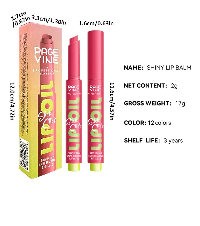 Page Vine click-press moisturizing lip balm in pink tube, waterproof high-shine lip glaze with slim twist-up design.