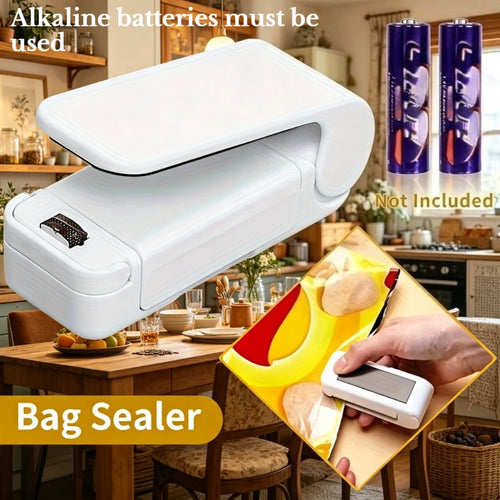 White handheld battery bag sealer with heat seal slot and curved top handle