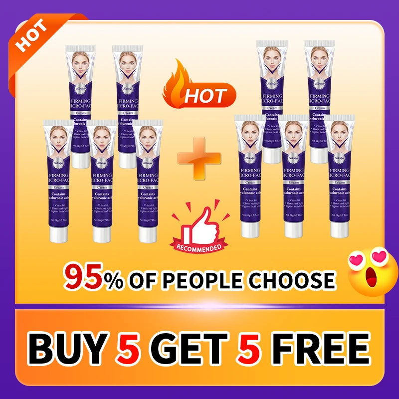Ten tubes of V-line face shaping firming cream in purple and white packaging displayed as a buy 5 get 5 free offer.