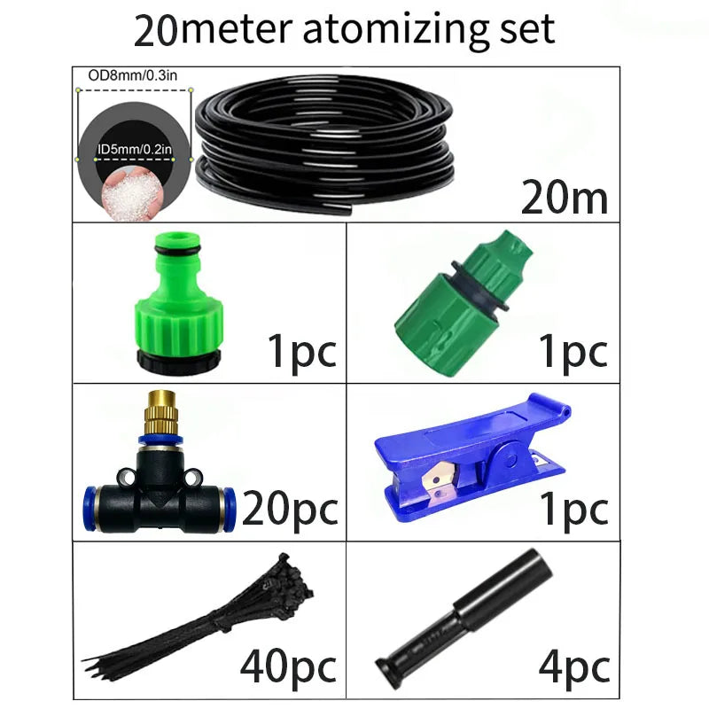 20m atomizing misting set with coiled black tubing, nozzle pieces, fittings, and stakes