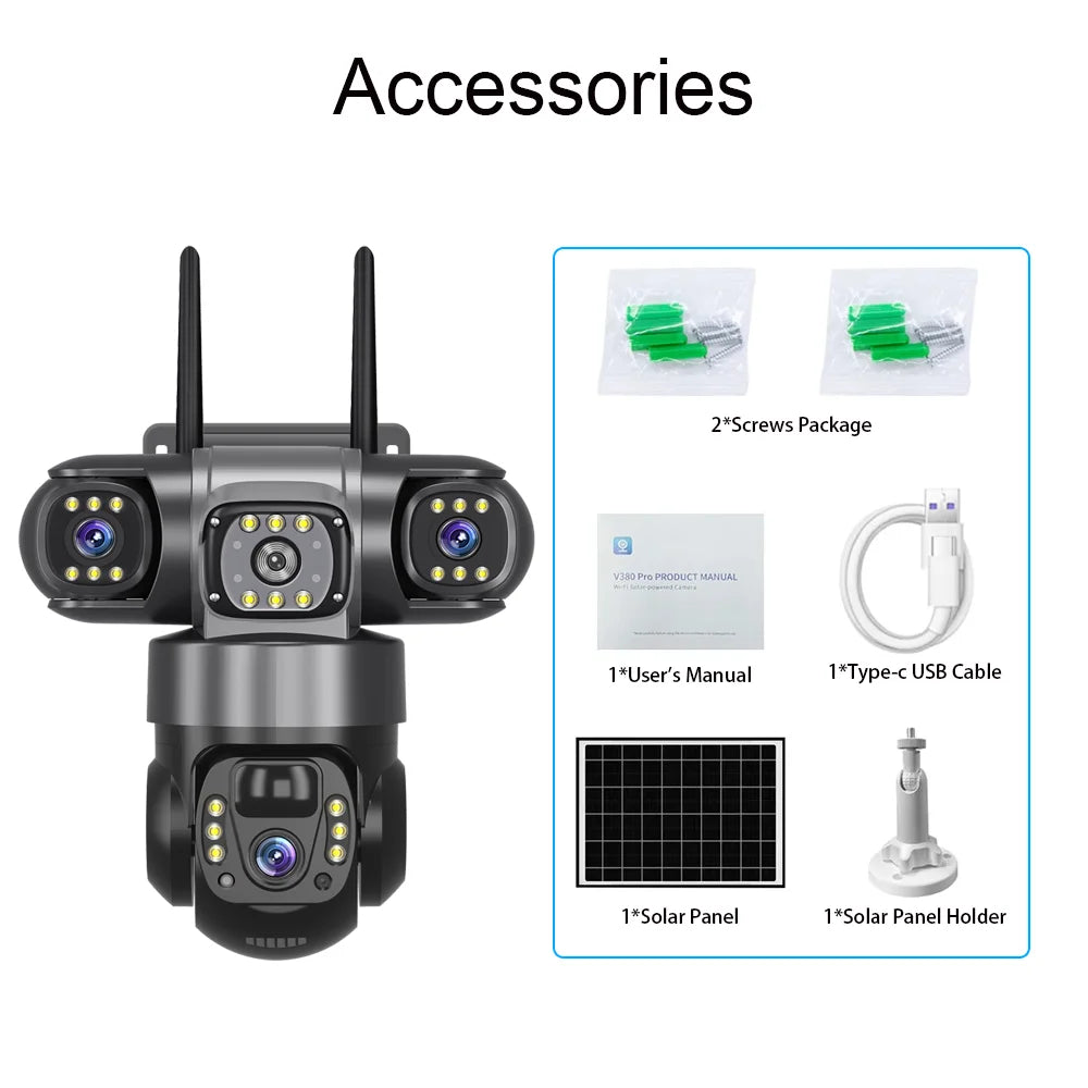 V380 Solar 4G IP Camera Outdoor 12MP 6K Triple Lenses Triple Screens Security Video Monitor Night Vision Waterproof CCTV Cameras