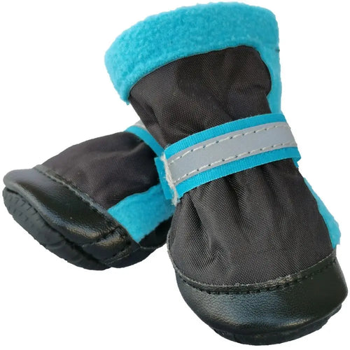 Reflective dog shoe in blue and black with hook-and-loop strap and black rubber sole