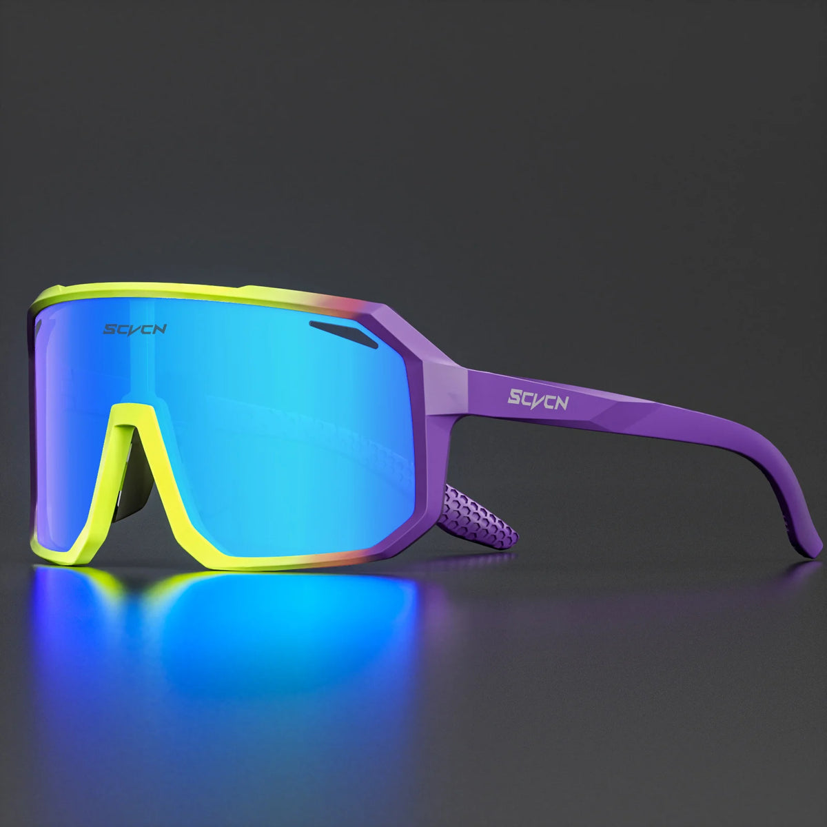 Cycling sunglasses with purple frame and blue mirrored sport lenses.