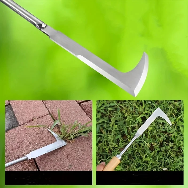L-shaped stainless steel gap weeding tool with long metal handle, silver