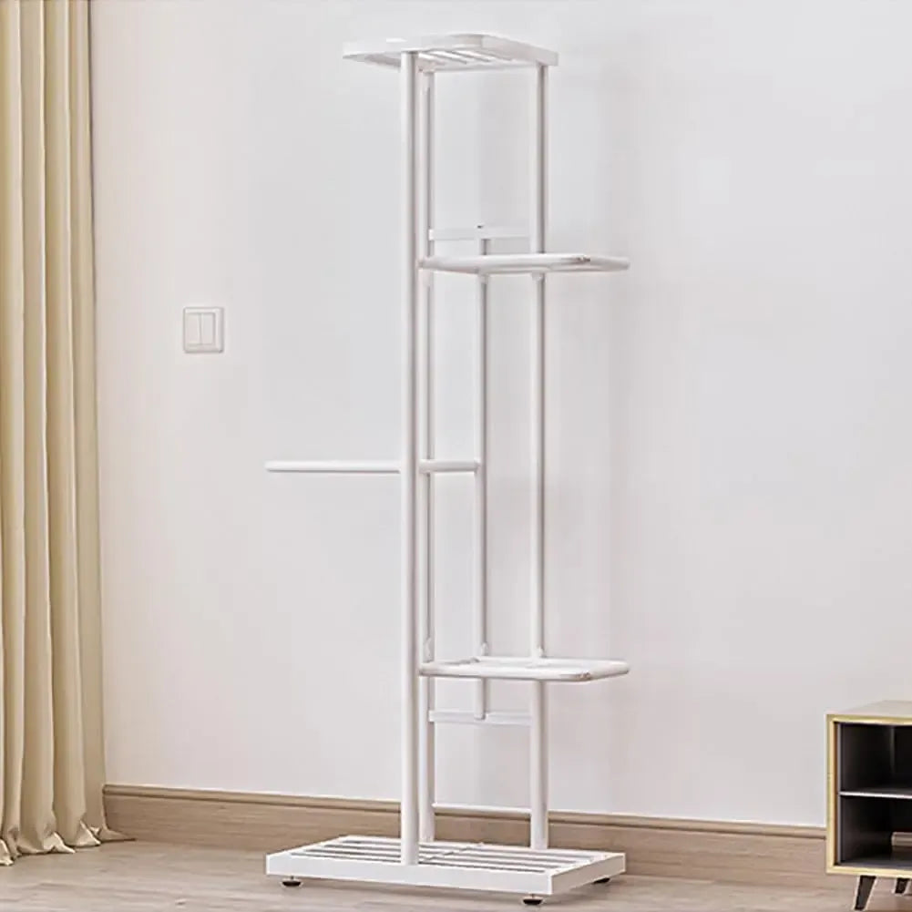 White multi-tier plant display shelf with open shelves and flat base
