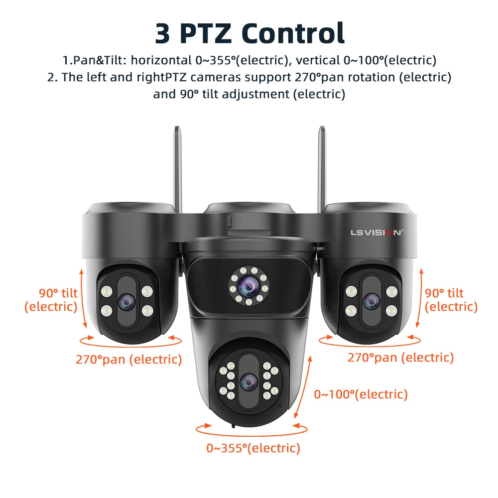 LS VISION 4-Screen 12X Optical Zoom Solar Outdoor Surveillance Camera 4G SIM AOV 24/7 Video Recording Cam Ai Auto Zoom Tracking