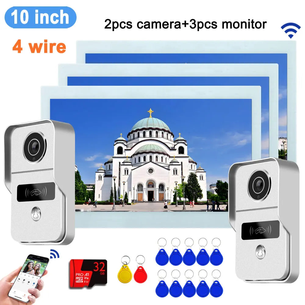Wireless WiFi Video Doorbell 4 Wire 10 inch Touch Screen Tuya Smart 2V2/2V3 Home Video Doorphone Intercom System RFID APP Unlock