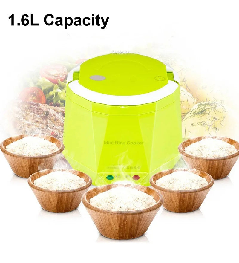 Portable 1.6L car rice cooker, lime green body with white lid and six rice bowls