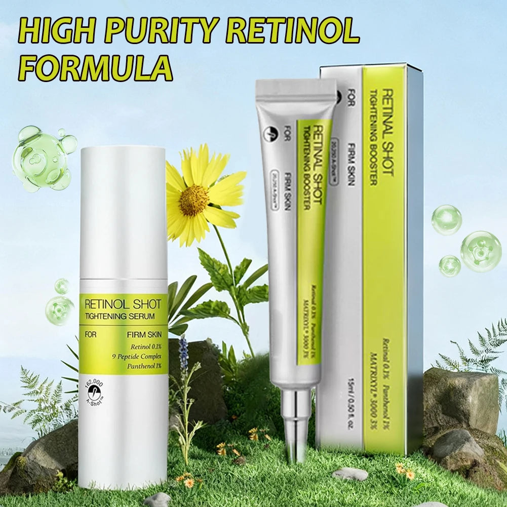 Retinol Shot serum bottle, tube, and box with lime green labels on a background of grass, rocks, and a yellow flower.