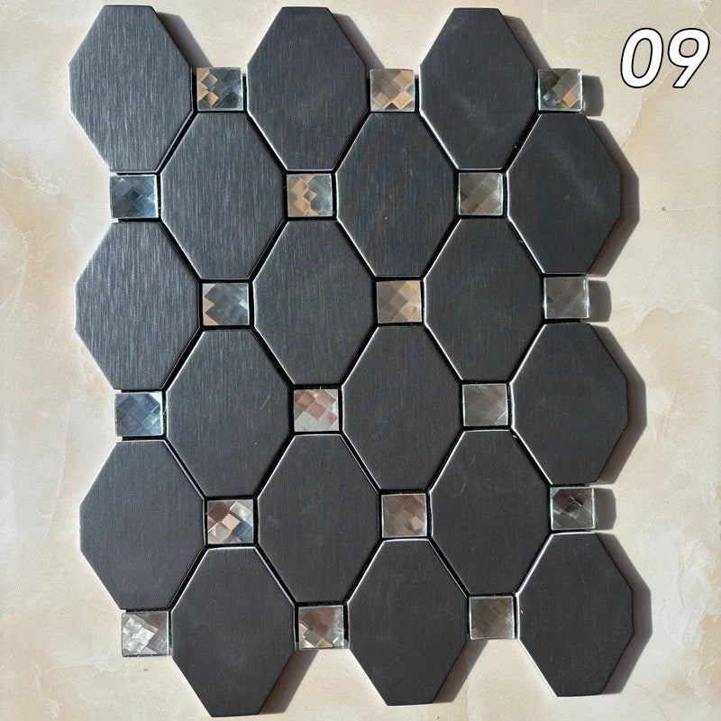 Hexagon peel-and-stick wall tile mosaic, dark gray tiles with silver mirrored insets