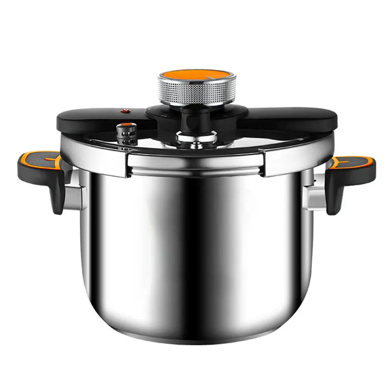 Stainless steel pressure cooker with black lid and one-hand safety locking valve