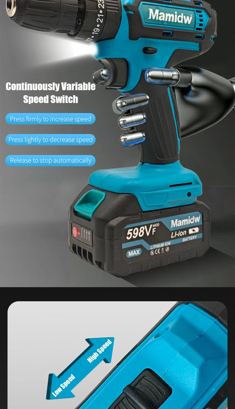 25Nm Cordless Drill, Electric Power Drill for Makita 18V, 3/8” Keyless Chuck, 2 Variable Speed, 25+3 Torque Positions for Precise DIY & Assembly