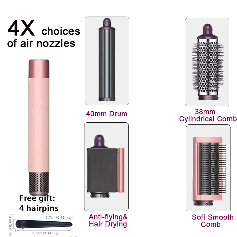 SenCiciMen 6-in-1 pink multi hair styler set with air dryer, curling barrels, round brush, and hair clips.