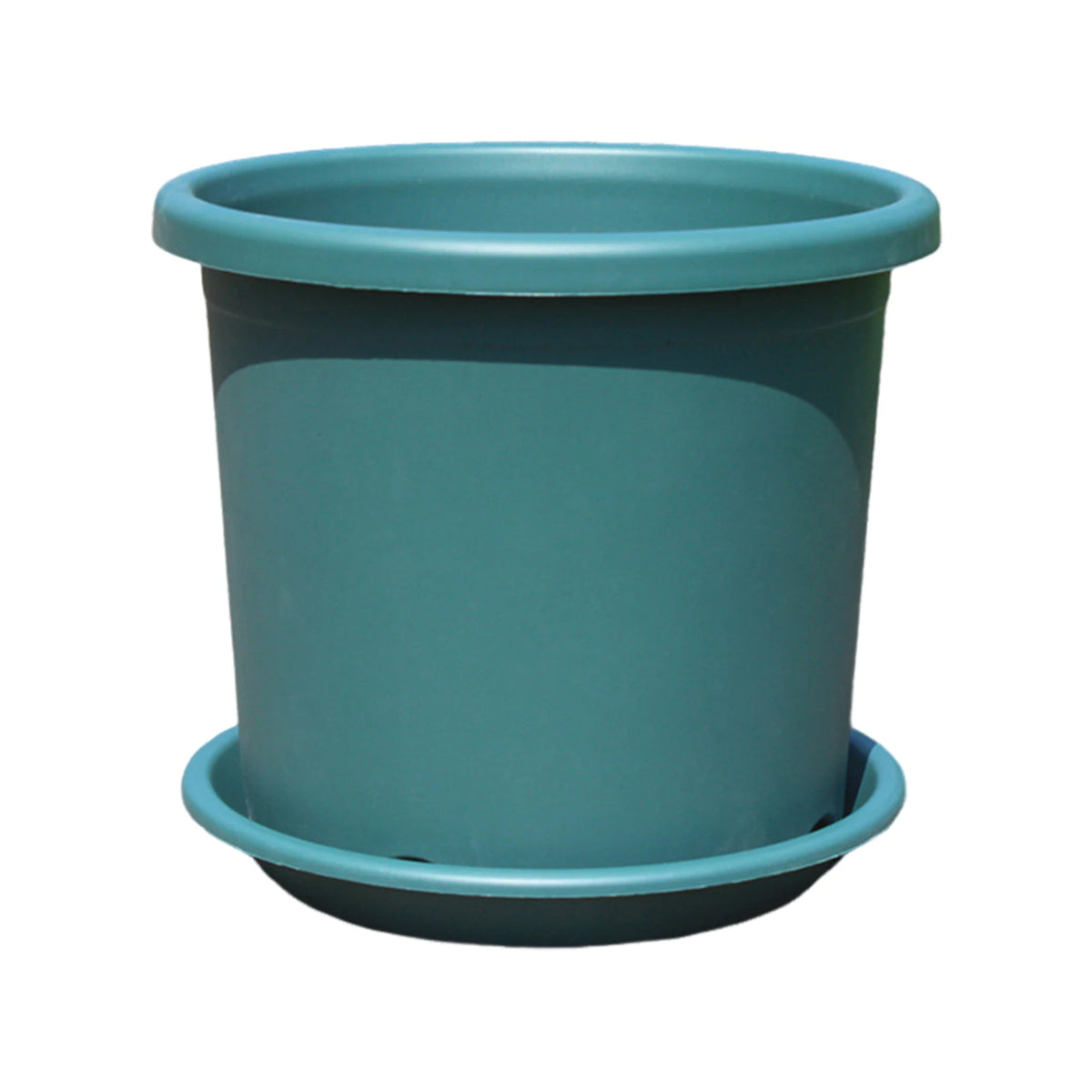 Large plastic water-absorbing flowerpot with matching saucer, blue-green