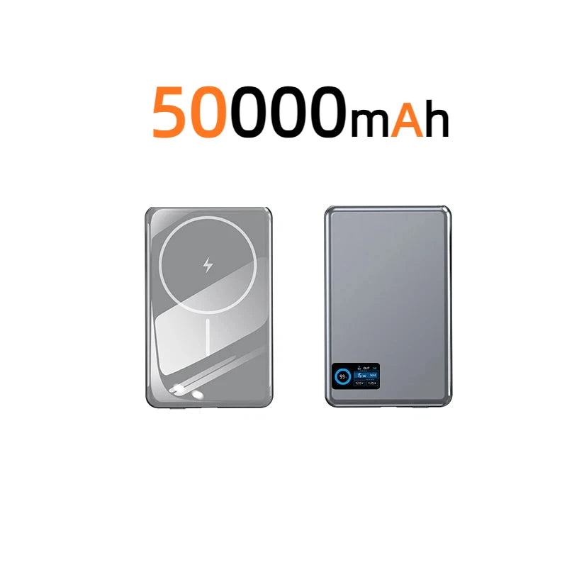Magnetic Fast Charging Power Bank - High Capacity Travel Battery Pack Silver 50000mAh Tidesmit