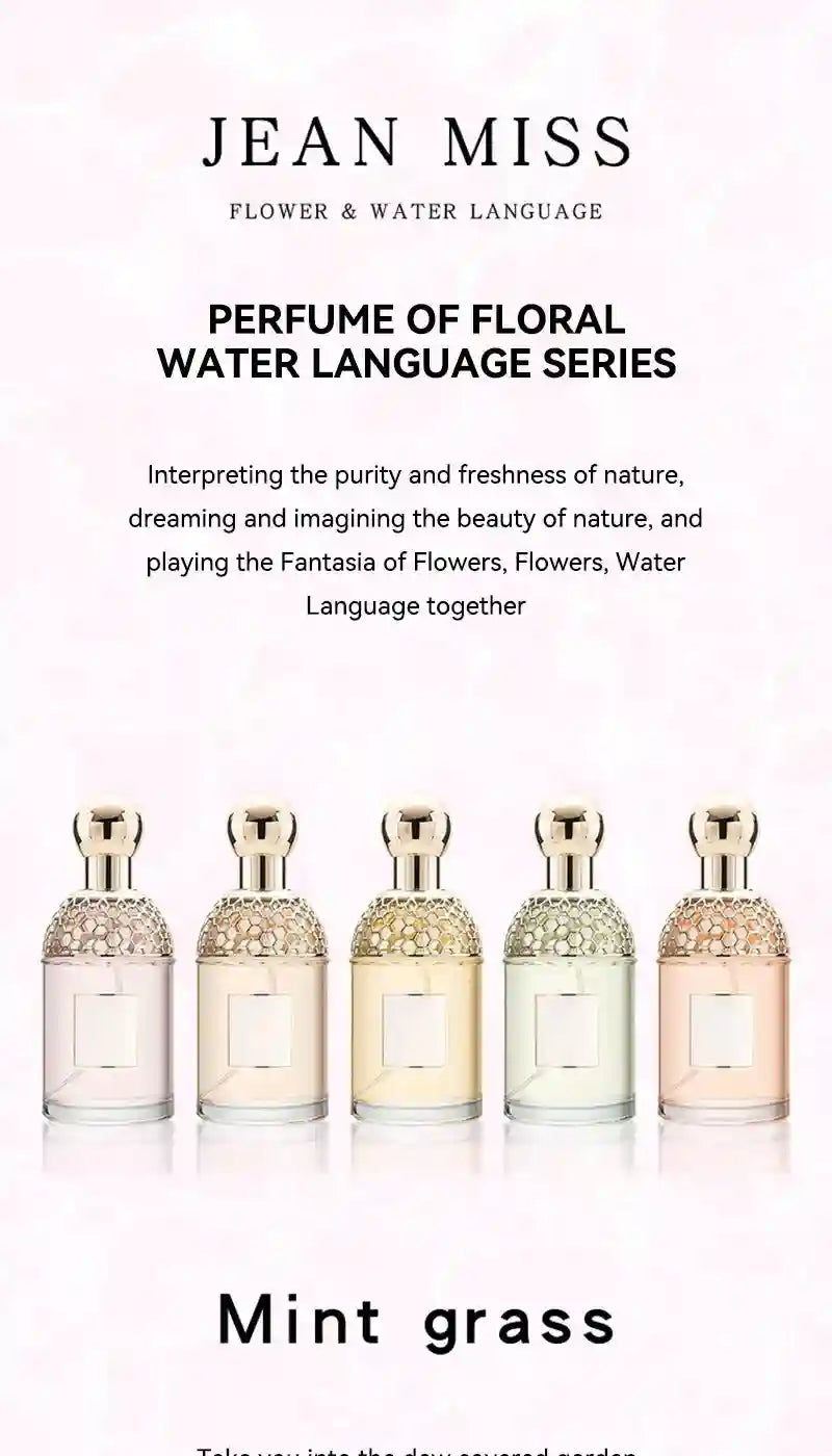 Jean Miss Flora Water Language EDT: Floral fruity women's perfume in a 100ml honeycomb-cap bottle for summer.