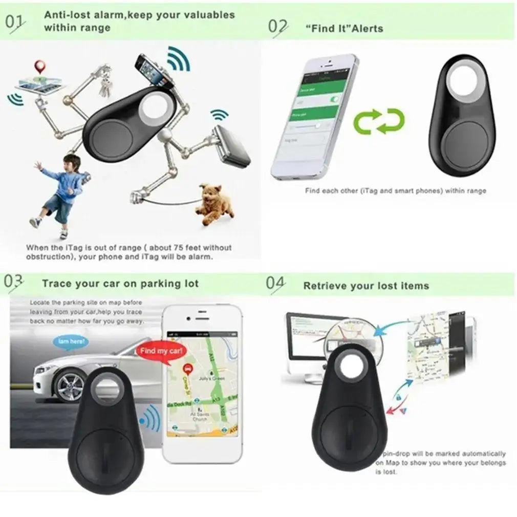 Mini wireless Bluetooth GPS pet tracker in black for finding lost dogs, bags, and keys via smartphone app alert.