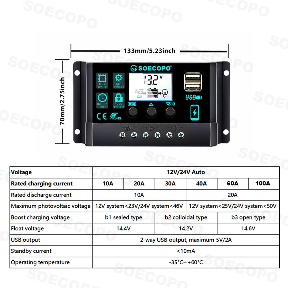 SOECOPO 7000W Peak Solar System Kit 2x800W Panels 100A Controller DC 12V To AC 110V 220V Inverter Generator for Home Camping
