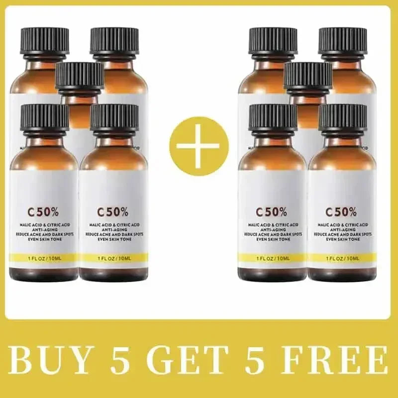 Bundle of nine C50% peel serum bottles with amber glass and black caps, plus offer symbol