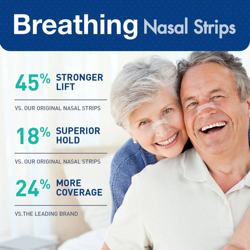 Anti-snoring nasal strips for better breathing, side angle view of couple wearing nose breathe strips for sleep.