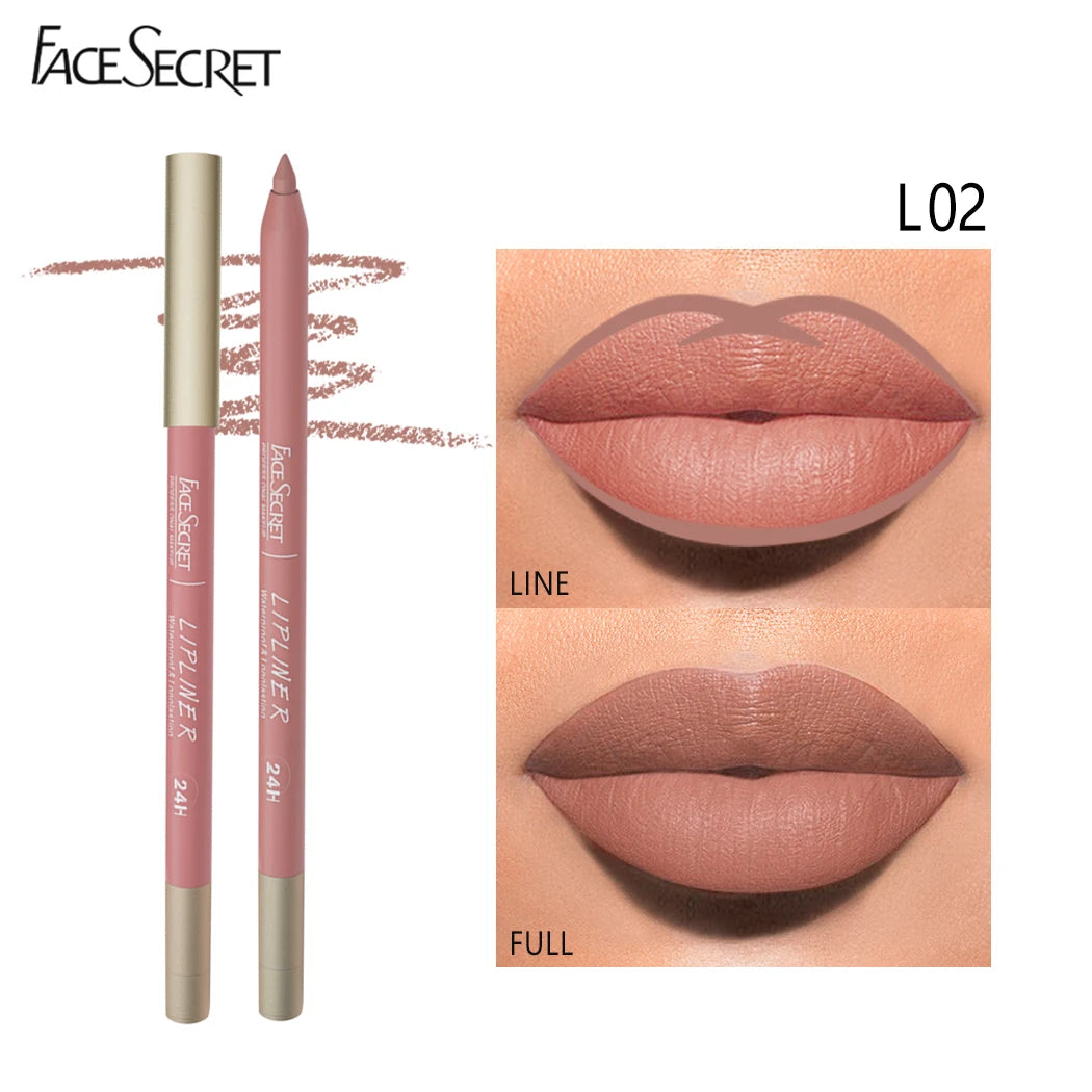 Face Secret waterproof velvet matte lipliner pencil in shade L02, showing swatch and full lip application.