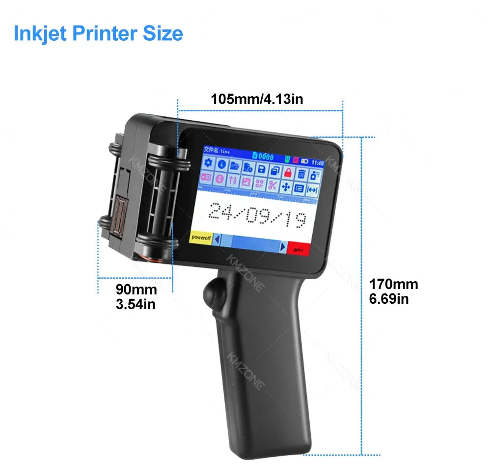 Mini handheld inkjet printer size diagram with front touchscreen and grip