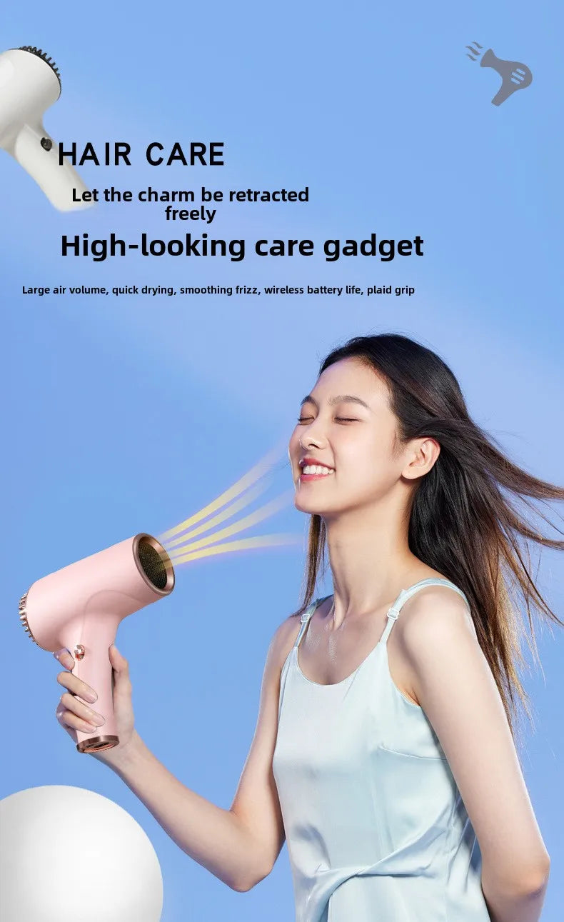 Wireless portable pink hair dryer with negative ion tech for frizz-free, quick-drying results on the go.