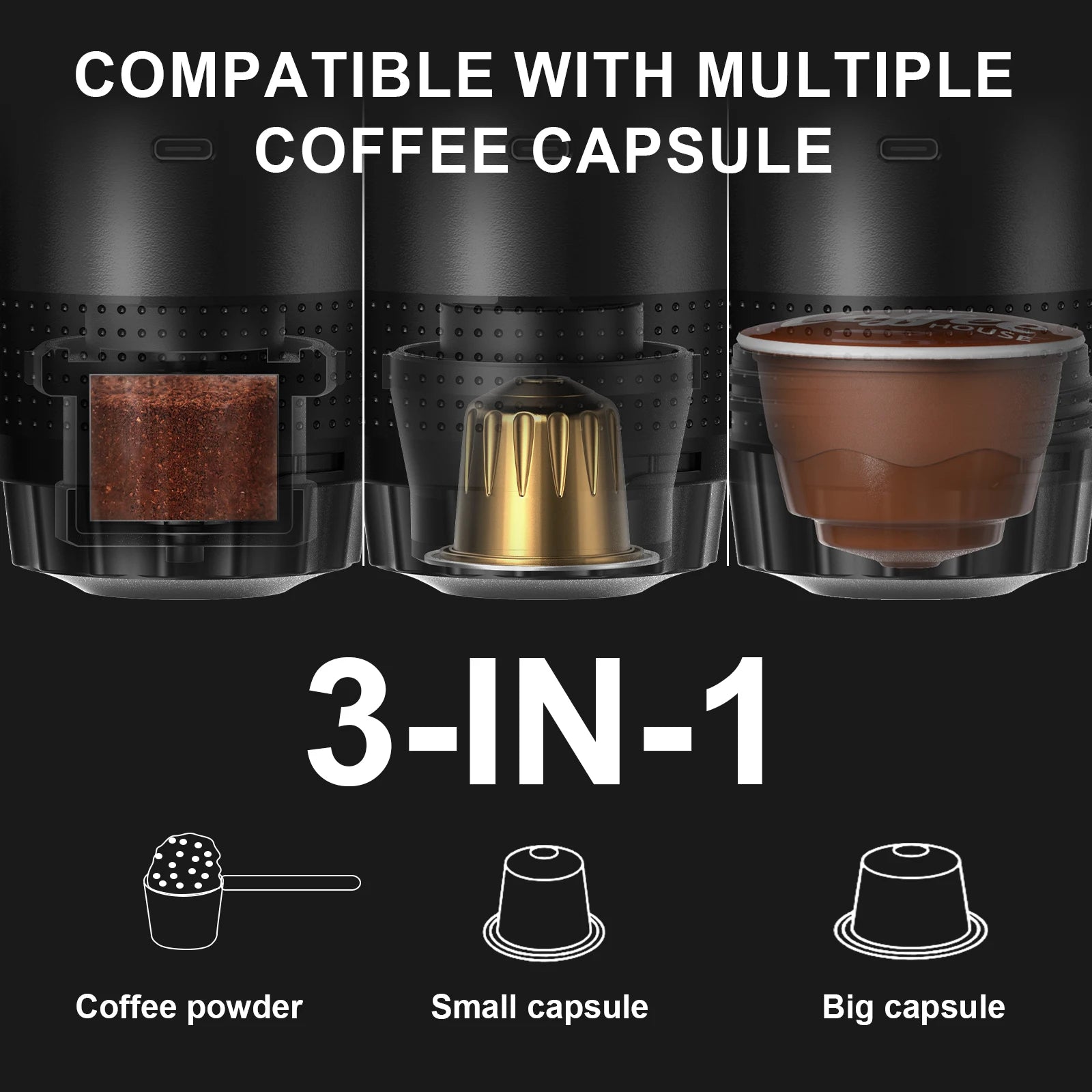 Tidesmit portable 3-in-1 espresso maker for car and camping showing side profile and charging interface