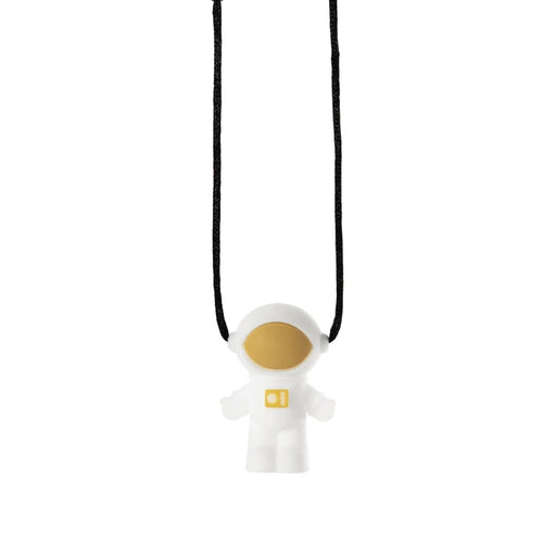 White astronaut silicone baby teething toy for relief.