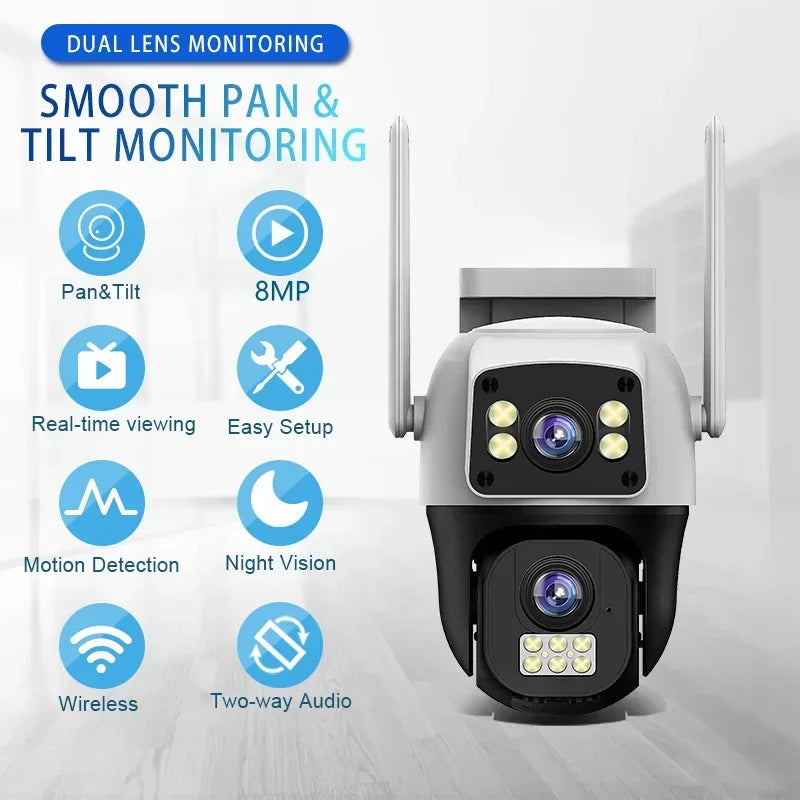 8MP 4K WIFI IP Camera PTZ Outdoor Dual Screen AI Human Detection Dual Lens Two-way Audio CCTV Video Security Camera V380 APP
