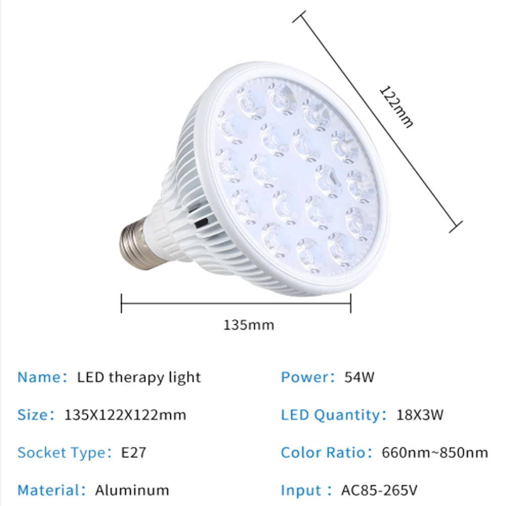 54W Red LED Light Therapy Bulb 630nm 660nm 810nm 830nm 850nm Infrared Light Bulb E27 Red Light