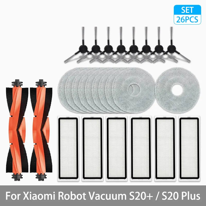 Tidesmit replacement parts kit for Xiaomi Robot Vacuum S20 Plus including main brush, side brush, filter, and mop.