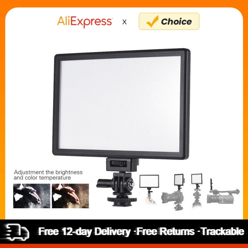 Rectangular black LED video light with a white diffuser panel and an adjustable cold shoe mount for cameras.