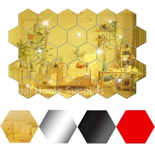 Gold hexagon mirror sticker tiles sheet with reflective mosaic pattern