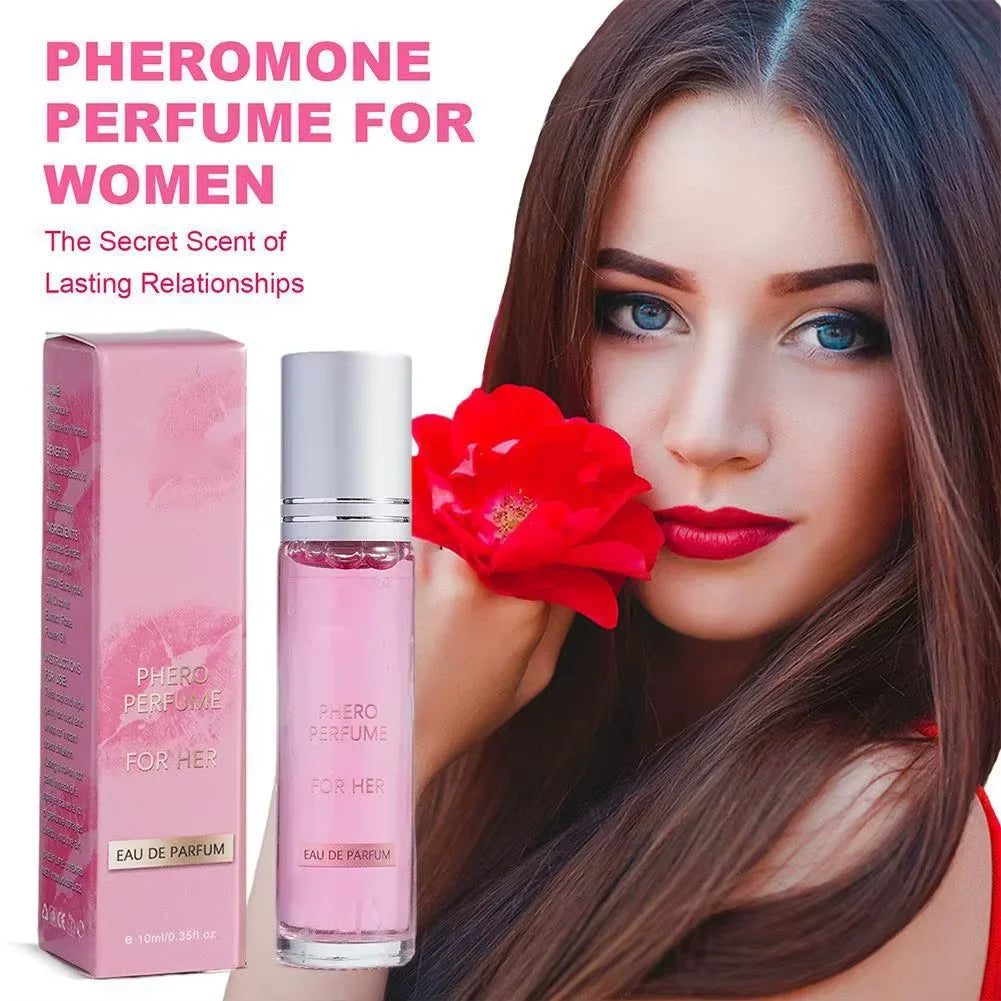 Flirting Pheromone Perfume for women: long-lasting roll-on EDP, rose-scented oil in slim glass bottle. Sexy fragrance.