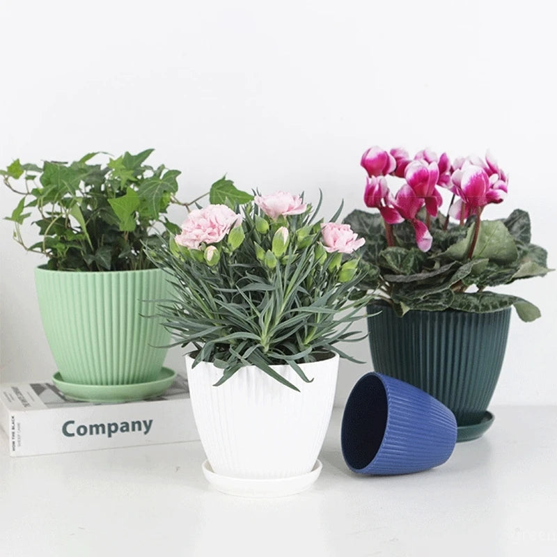 Plastic Flower Pots with Tray Solid Color Plant Pot Thickened Double Layer Green Plant Potted Planters Gardening Supplies