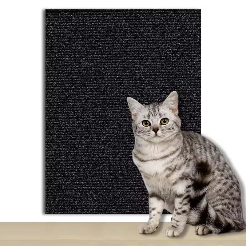 Black self-adhesive cat scratching mat with cat sitting